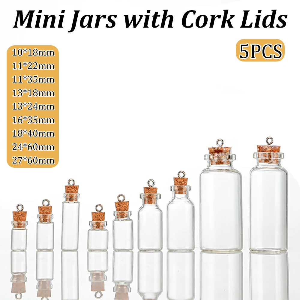 5PCS Mini Glass Bottle With Screws Cork Stoppers Transparent Little Charm Fillable Jars with Cork Lids for DIY Crafts Decoration