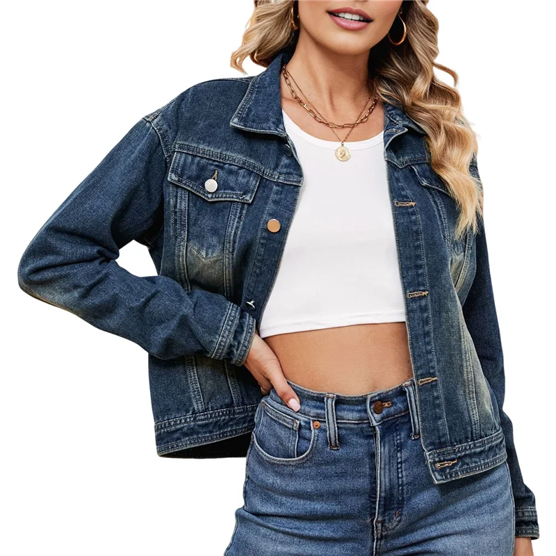 

ABRT-Female Basic Button Down Stretch Fitted Long Sleeves Denim Jean Jacket