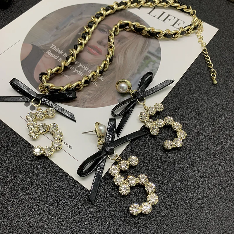 Trendy Pu Butterfly Tie Crystal Number 5 Necklace Earring   Jewelry Sets for Women