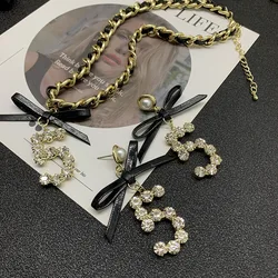 Trendy Pu Butterfly Tie Crystal Number 5 Necklace Earring   Jewelry Sets for Women