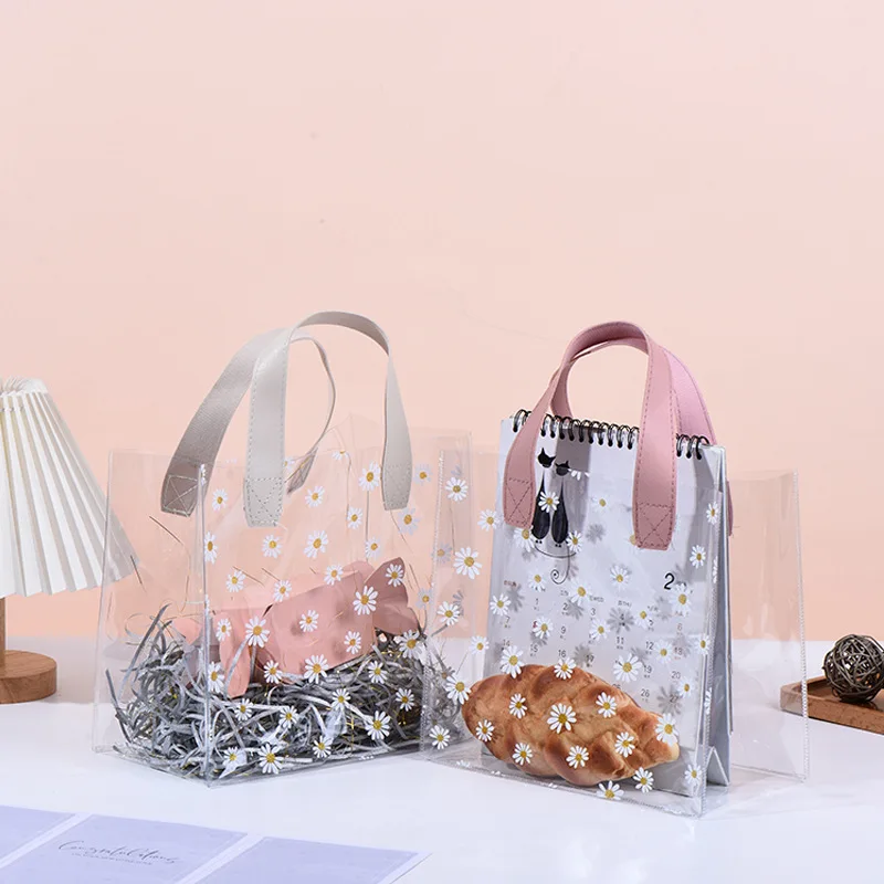 Cute Daisy Gift Packaging Bag Transparent Chrysanthemum PVC Clear Birthday Candy Wedding Party Shopping  Store Bags With Handle