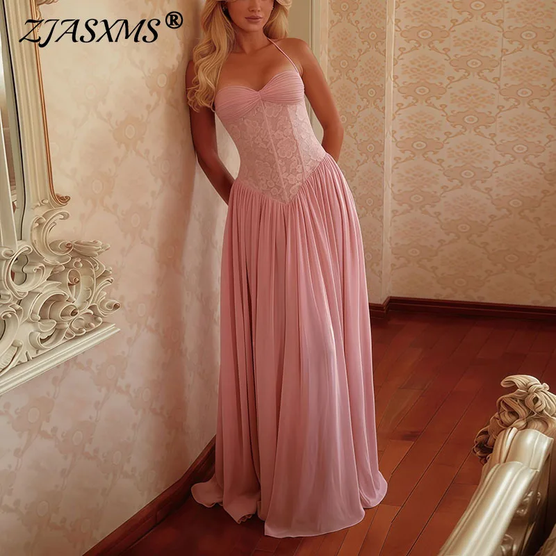 Elegantes Spitzen-Maxikleid für Damen, ärmellos, mit Spaghettiträgern, fließendes bodenlanges Kleid, Sommer-Hochzeits-Brautjungfern-Cocktailkleid