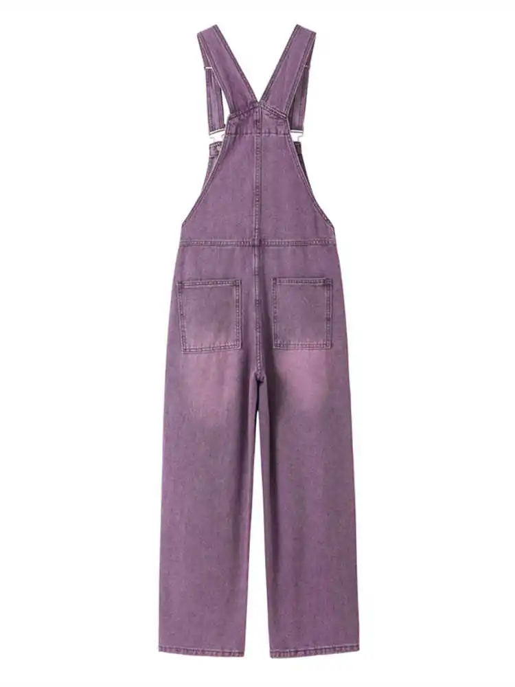 Vintage Purple Denim Overalls Women Spring Autumn High Waist Straight Jumpsuits Female Loose Casual Suspender Jeans