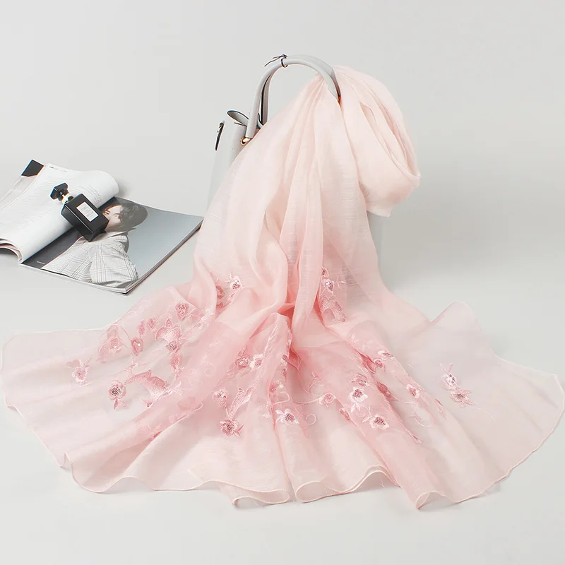 エレガントなシルクスカーフ-レディース-刺繍入り-光沢のあるスパンコール-春秋新作-長方形-装飾的な植物の花柄