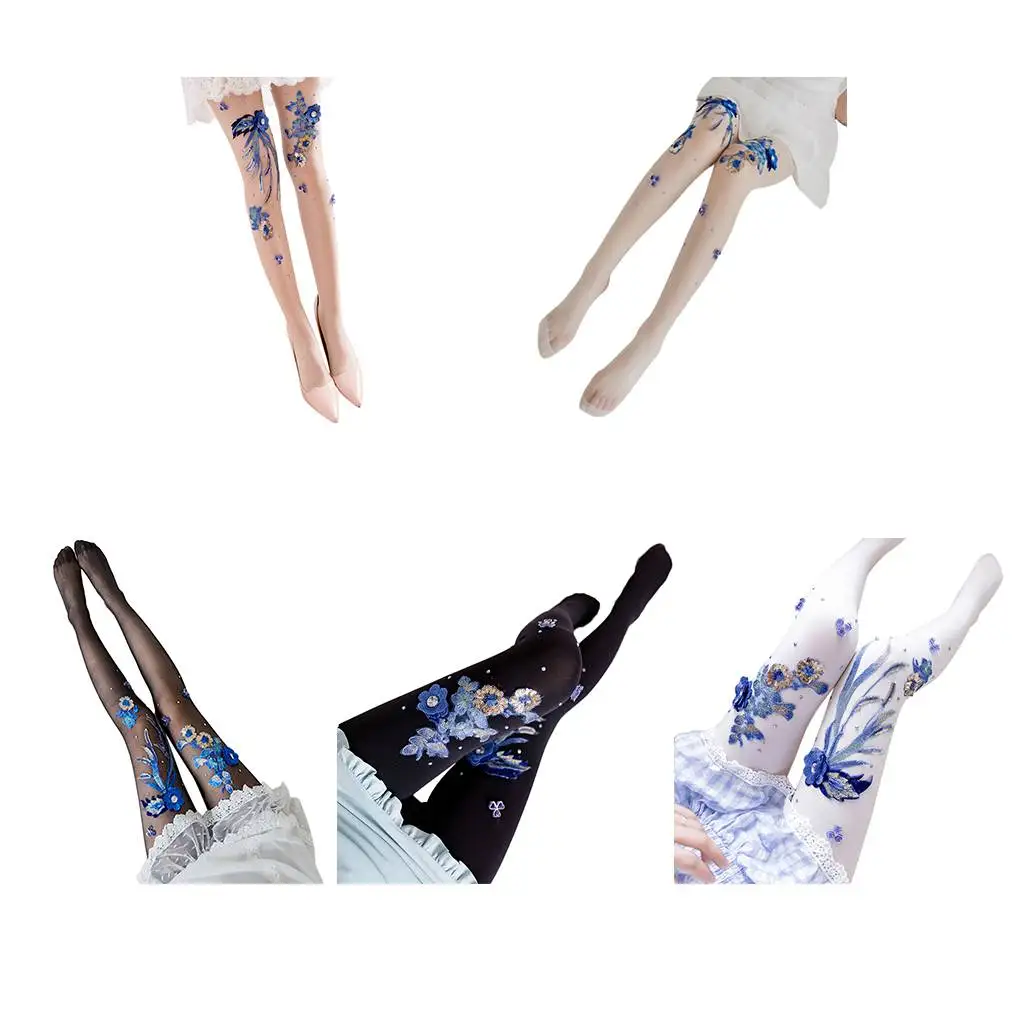 

Slim Leggings Stocking Sexy Pantyhose Silk Hosiery Embroidery Flower Long Socks Woman Girl