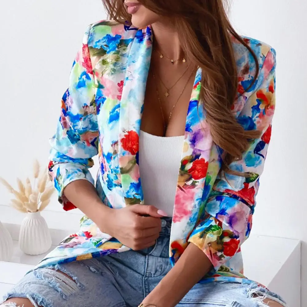 Trendy Cardigan Blazer Long Sleeve Female Fake Pockets Floral  Suit Jacket  Spring Autumn Lady Blazer for Daily Wear