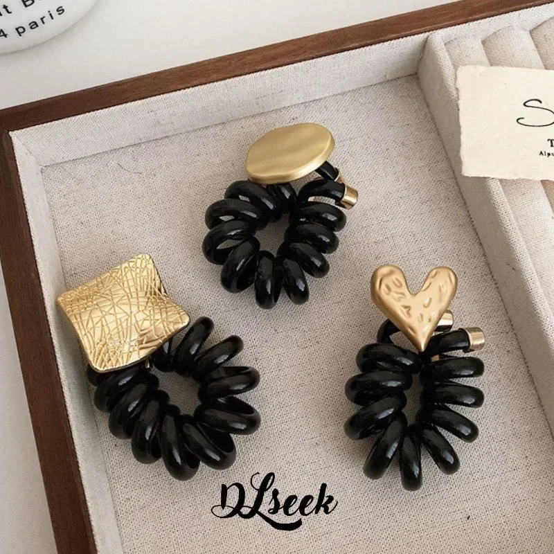 

DLseek Trend Gold Square Heart Round Charm High Ponytail Black Telephone Wire Hair Ties Fashion Pop Funny Girls Hair Accessories