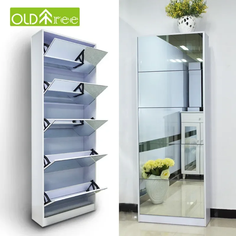 For Home Ultra-thin Shoe Cabinet with Full-length Mirror Integrated Tipping Bucket Wall-mounted Porch Storage High Gloss