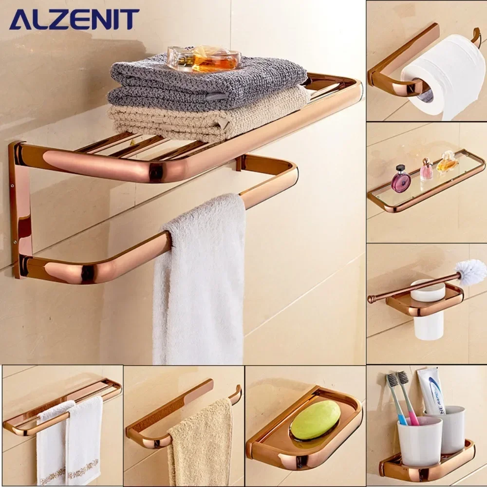 

Rose Gold All Copper Towel Rack Bathroom Accessories Shelve Hardware Pendant Set Towel Bar Paper Holder Soap Dishes Toilet Brush