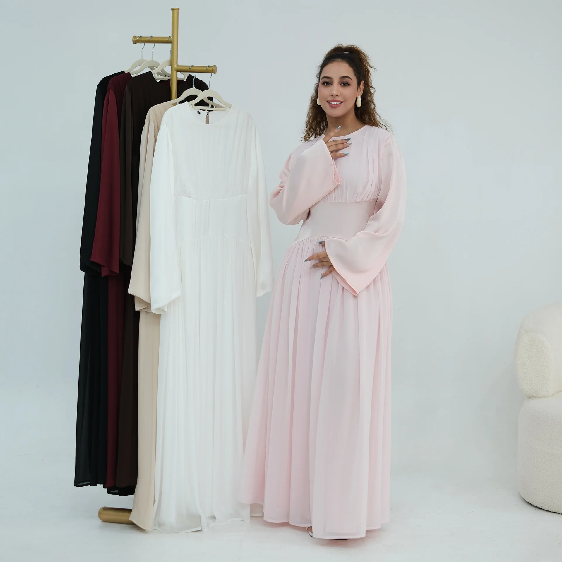 Long Sleeved Solid Color Fitted Double Layer Chiffon Maxi Dress Muslim Women Abaya Dubai Kaftan Elegant Islam Clothing Robe Gown