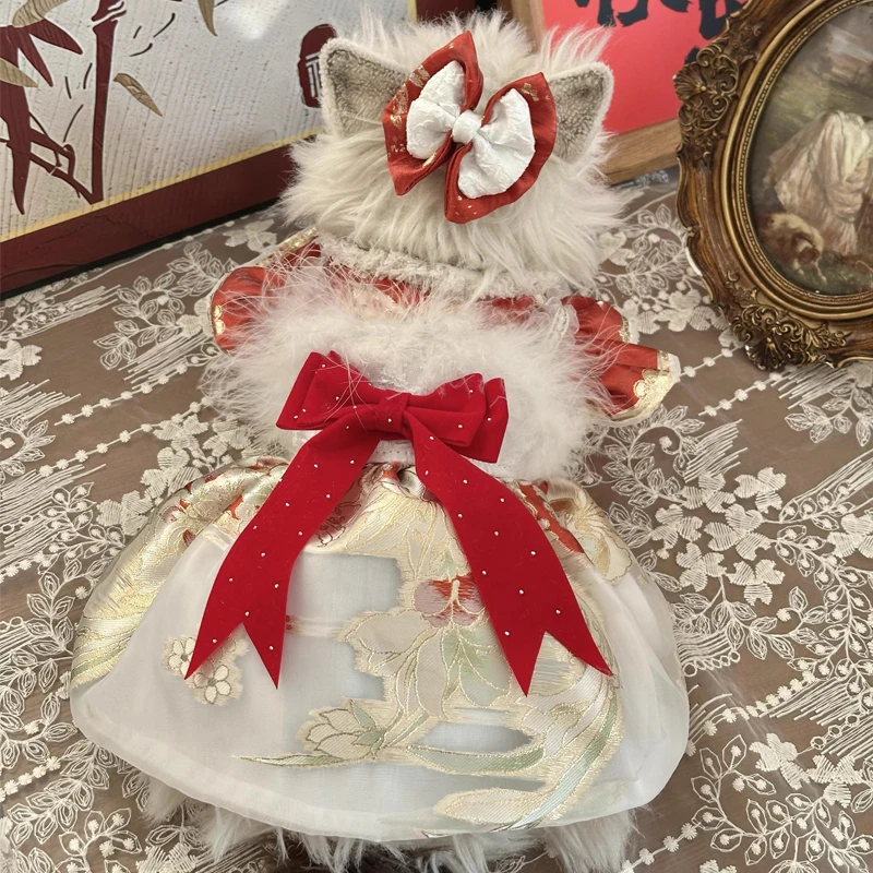 

Роскошная одежда ручной работы для собак, хлопковое платье принцессы с золотым принтом и красным бантом для маленьких и средних собак, комбинезон для щенков пуделя чихуахуа