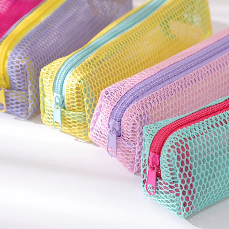Cosmetic Brush Organizer Gift For Students Colorful Mesh Pencil Bag Large Capacity Stationery Storage Case
