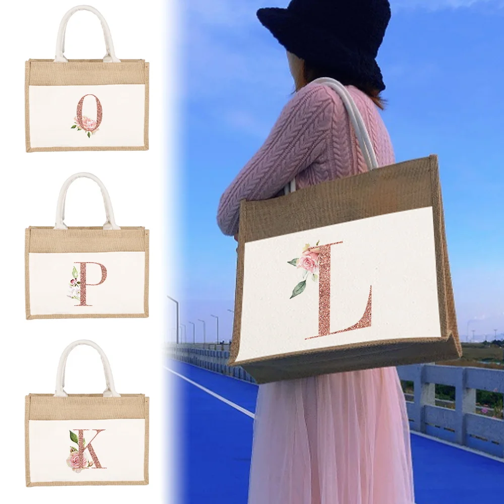 Jute Handbag Linen Shoulder Bag Sacks Linen Bags Rose Gold Letters and Flowers 2023 Women Shopping Pouch Tote Laminated Bags