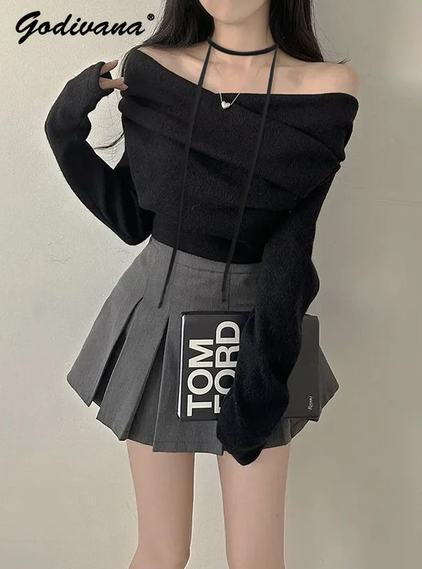 

New Autumn Female Sweet Irregular Cross Lace-up V-neck Short Knitted Top Solid Color Long-sleeved Women's Slim Knitwear