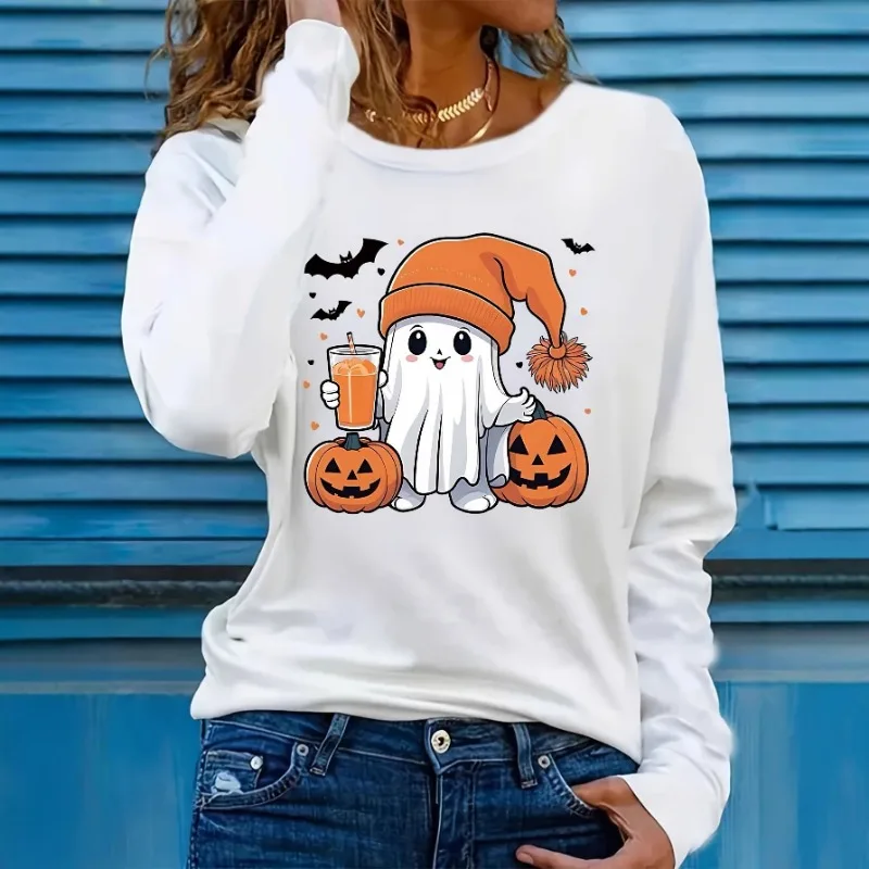 

Women's Summer New Long-sleeved Top Pumpkin Head with Bat Ghost Print Round Neck Long-sleeved T-shirt