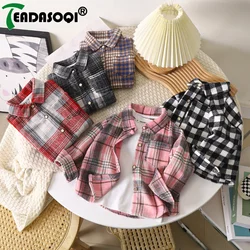 2-9Y Kids Boys Girls Spring Fall Vintage Plaid Shirt Cotton Clothing Long Sleeve Lapel Single Breasted Cardigan Base T-shirt