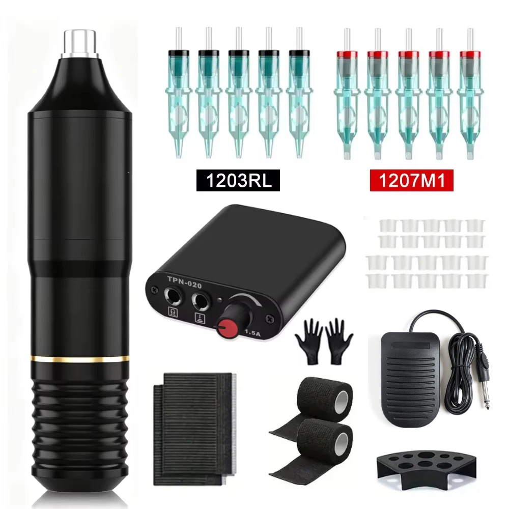 Tattoo Gun Kit Rotary Tattoo Pen Set with Needles Wired Rotary Pen Kit with Power Supply Foot Pedal 10 Cartridges for Practice