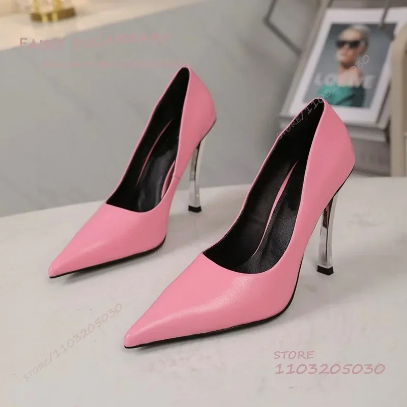 Womens Dress Pumps Pink Girls Silver Stilettos Metal Pointed Heels White Leather Red Sexy Dinner Party Dress Shoes Women Autumn