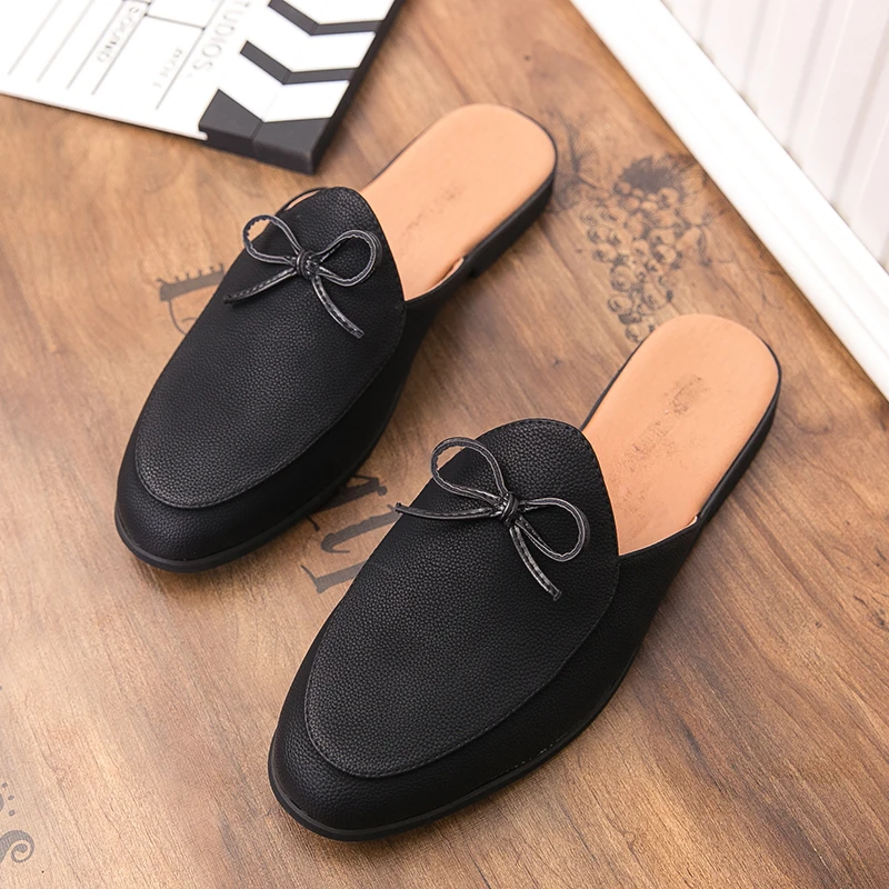Men Fashion Half Slippers Black One Step Casual Comfortable Outdoor Slippers Men Business Office Small Leather Shoes Size 38-44