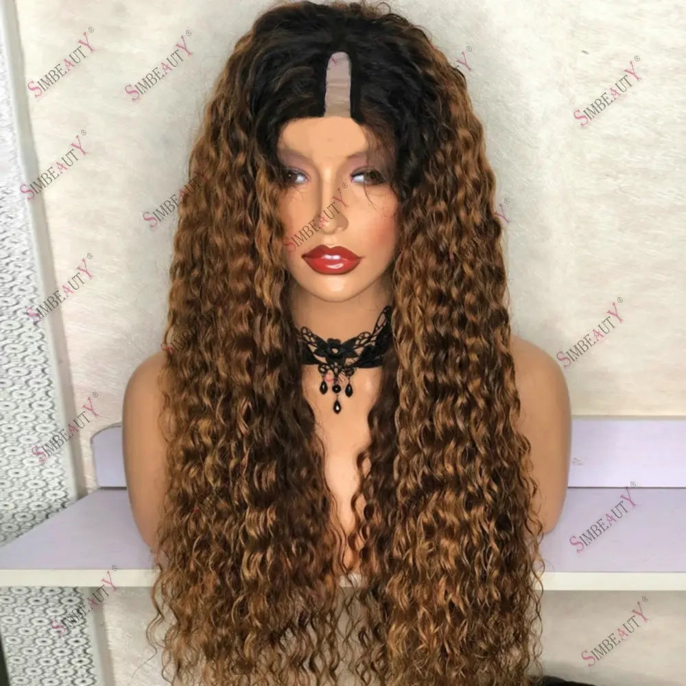 

100% Human Hair V Part Wigs Adjustable Dark Roots Ombre Brown Kinky Curly Glueless 1*4 Size U Part Wig Human Hair Indian Hair