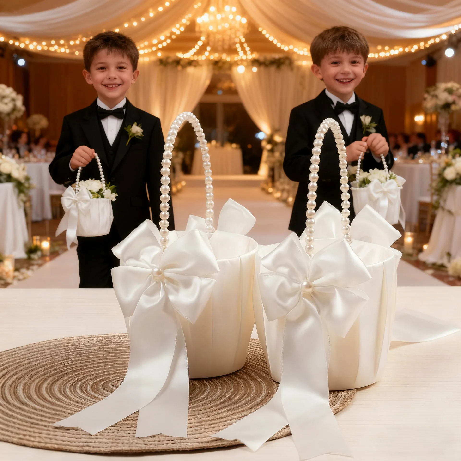 1Pcs Pearl Handle Flower Basket Satin White Western Wedding Basket Kids Hand Held Wedding Bowknot Flower Basket Party Decor
