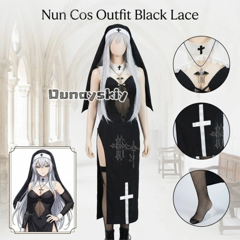 KS*06Original Nun Cos Outfit Black Lace Bustier Sheer Mesh High Slit Sexy Uniform Set Cosplay Party Halloween Photography Female view 2