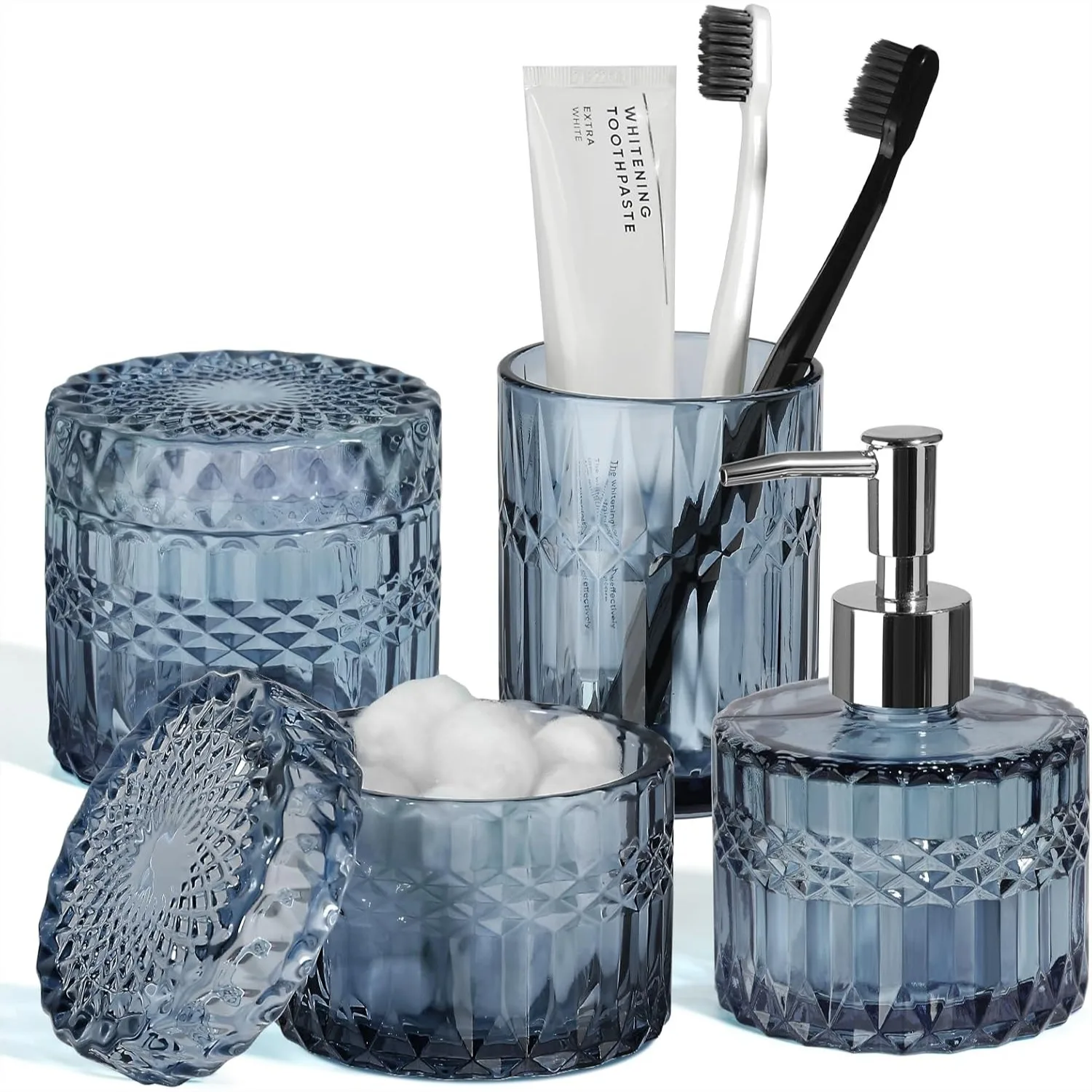 

Blue Bathroom Accessories 4Pcs, Diamond Glass Set with Soap Dispenser, Toothbrush Holder & Qtip Holders for Countertop