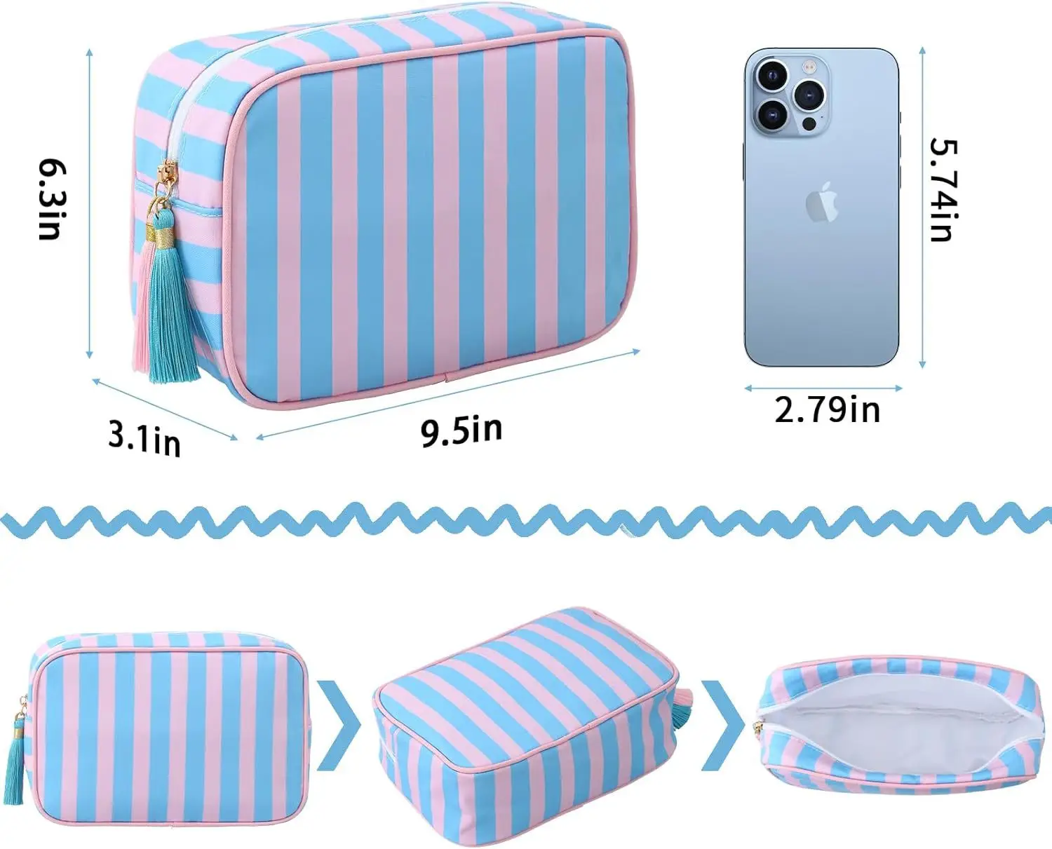 Große gestreifte tragbare Kosmetiktasche für Damen, Make-up-Tasche mit Quasten und Reißverschluss, große Kapazität, lässige Tragetasche mit Reißverschluss – Detail 7