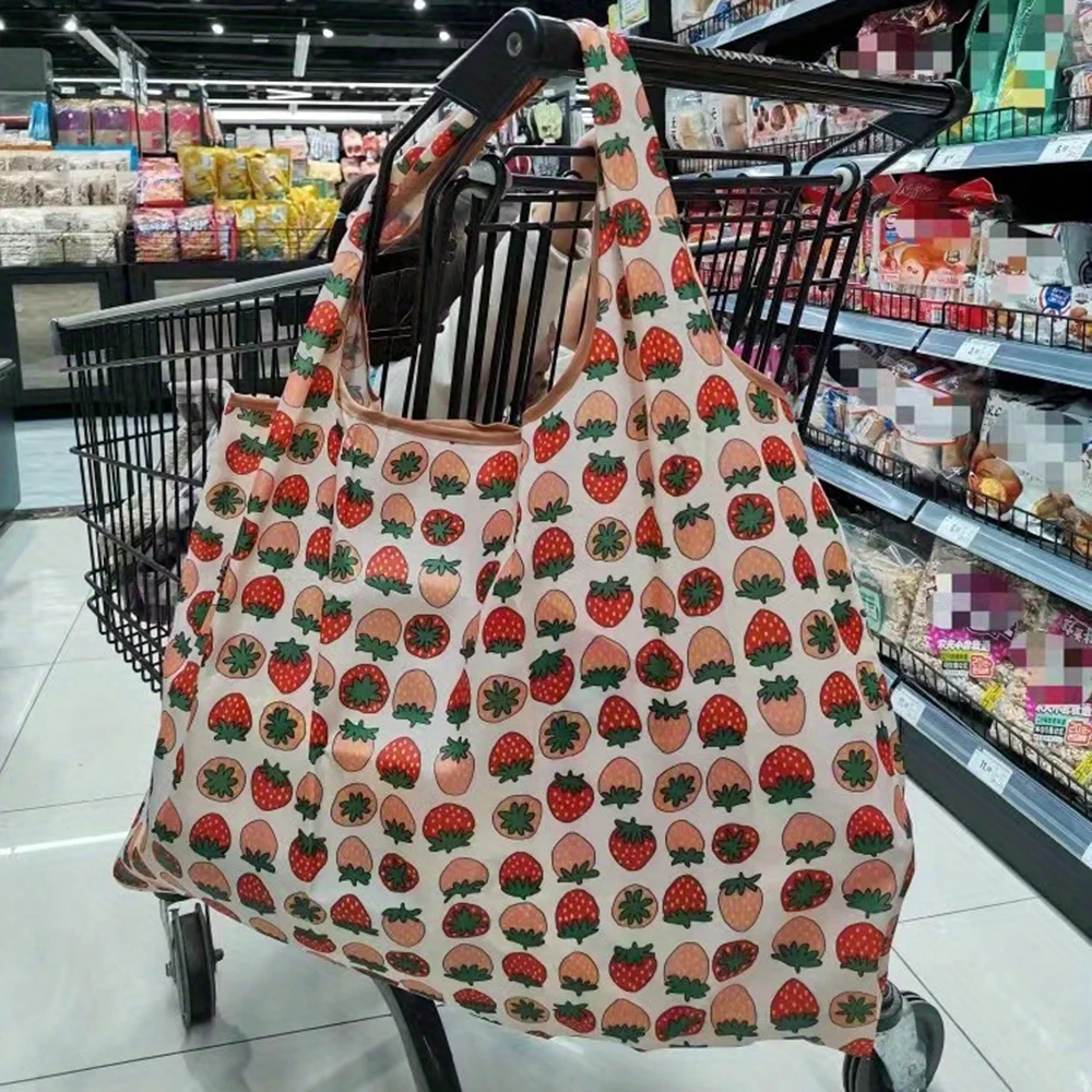 1Pc Large Foldable Shopping Bag, Cute Cartoon Print Pattern Tote Bag, Supermarket, Grocery Portable Storage Tote Bag, Large Stor