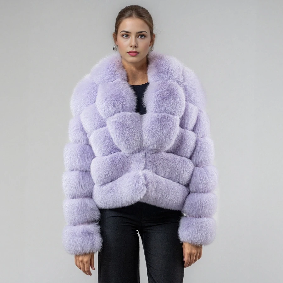 Damska kurtka zimowa z prawdziwego futra lisa z klapami, naturalne futro lisa, puszysta kurtka, luksusowe marki, krótki płaszcz z prawdziwego futra.