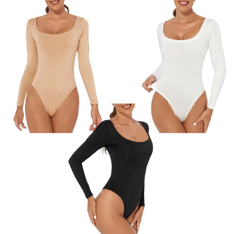 Women Long Sleeve Sqaure Neck Bodysuit Top Plain Slim-Fit Stretchy Leotard Shirt