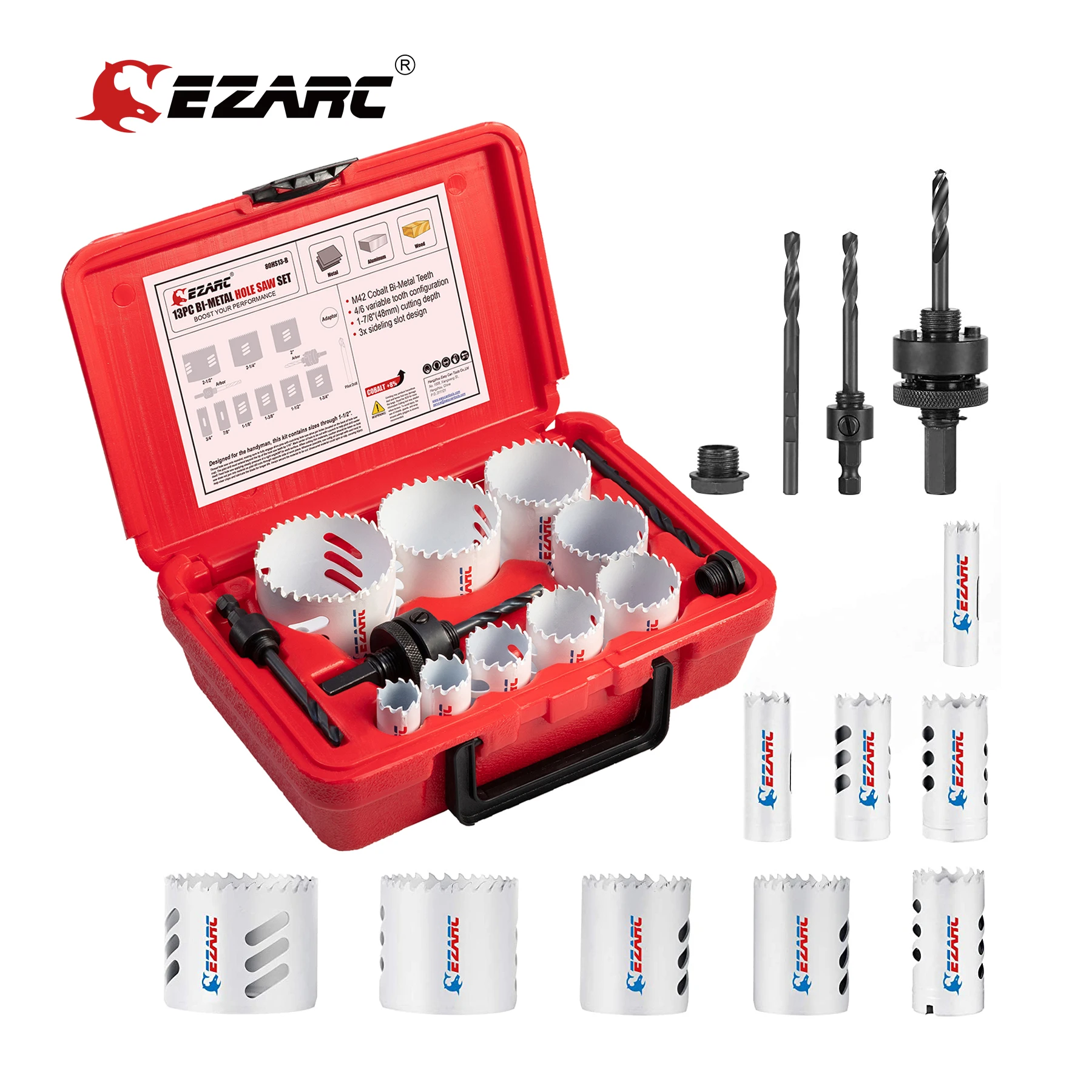 EZARC Bi-Metal Hole Saw Kit,13pcs Hole Saw Cobalt Drill Hole Cutter Set with Mandrels for Soft Metal Sheet,Wood,Drywall,Aluminum