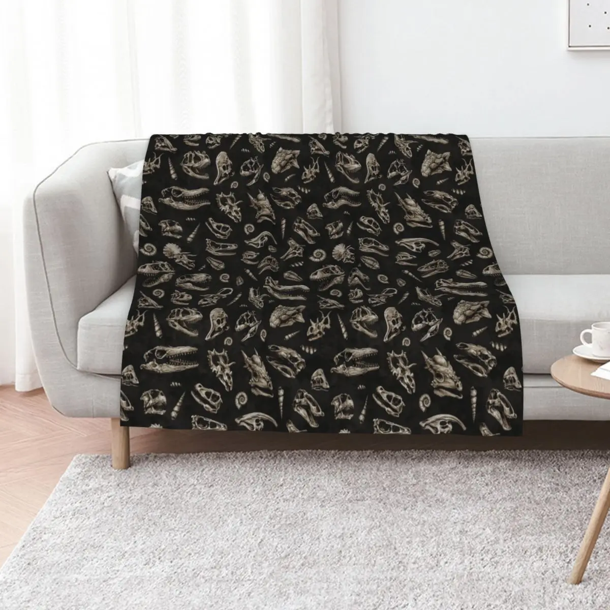 Dinosaur skull sketch tiled pattern black natural Throw Blanket Plaid Vintage Thins Thermals For Travel Thermal Blankets