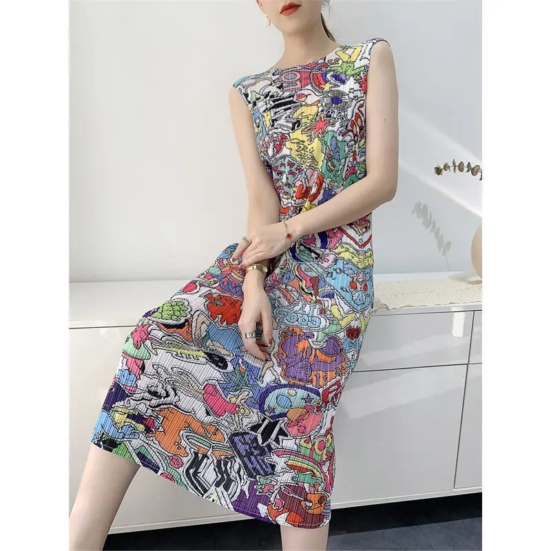 Pleated Dress Tank Top Skirt Women's 2023 Summer New Print Pleated Skirt Mid length  dresses for women 2023