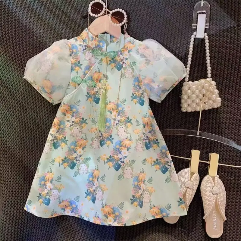 

Girls Floral Dress Children's Summer Dress Princess Dress Hanfu Fashion Cheongsam Dress For Girls Baby 2024 2 4 6 7 Year