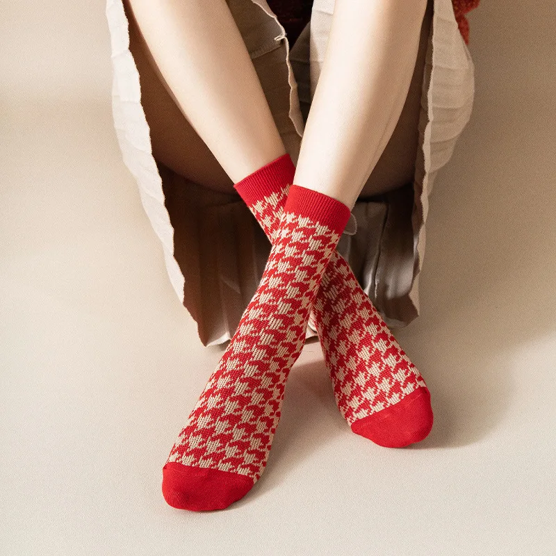 5 Pairs Women Cotton Celebration Red Socks Lucky Spring Festival New Year Cat Comfortable Mid Tube Couple Socks Size 35-40