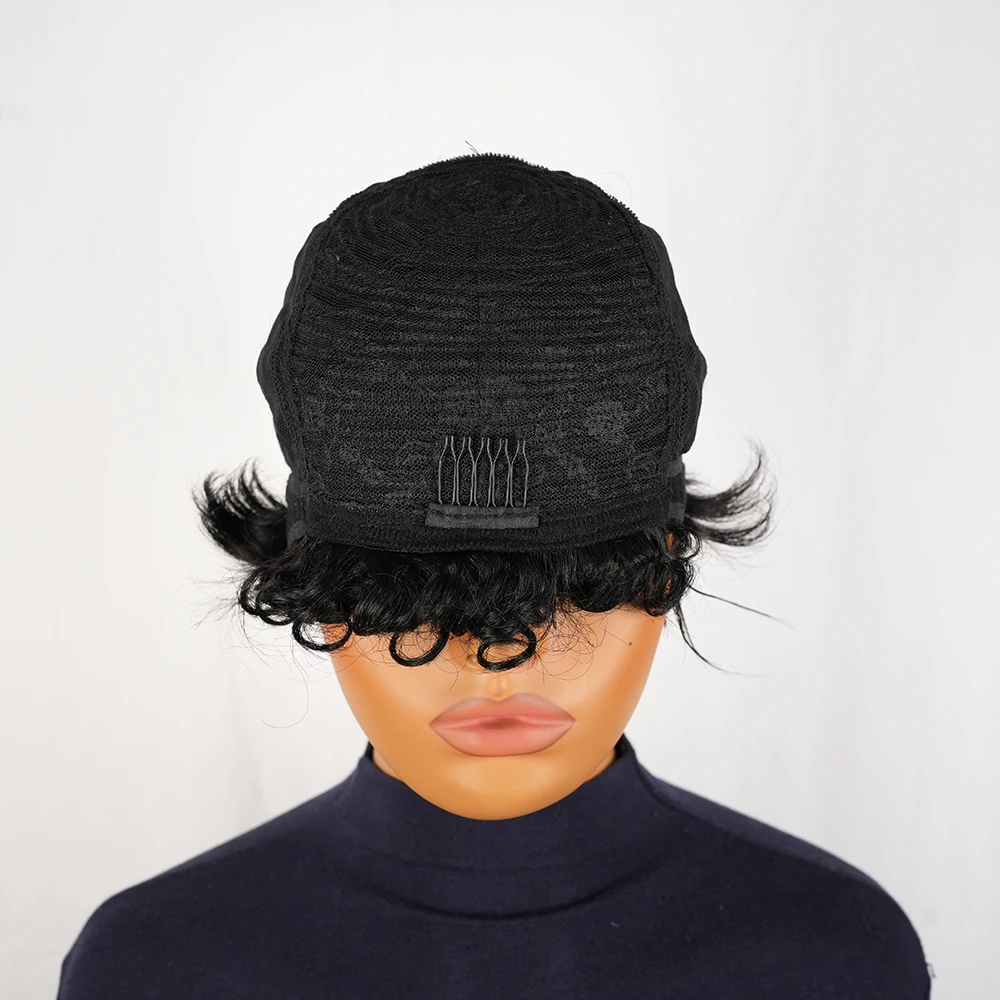 ピクシーカット巻き毛人毛女性用ショートボブ人毛ウィッグ100％ショート縮れ毛人毛フルマシンウィッグ