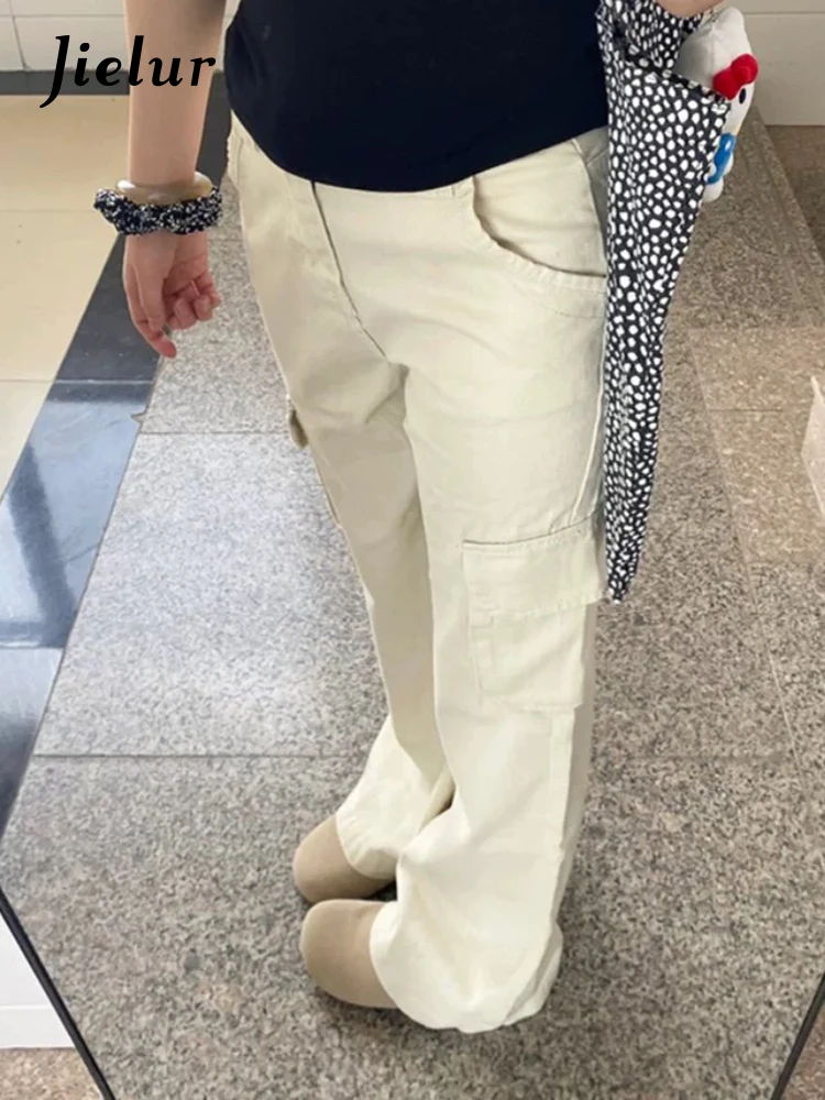 Summer New Basic High Waist Chic Straight Female Cargo Pants Vintage American Fashion Solid Color Full Length Casual Women Jeans