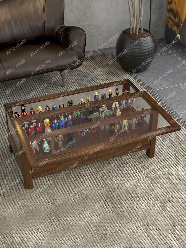 Lwood coffee table glass multi-functional tea table display cabinet with lamp black walnut storage