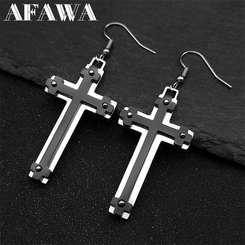 

Punk Cross Prayer Earrings for Women Stainless Steel Black Color Hip Hop Bliker Ear Rings Jewelry brinco aço inoxidável
