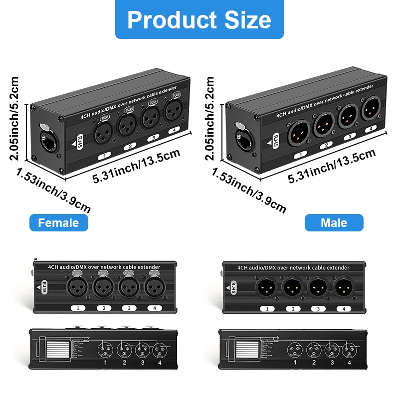 Professional 4 Channel XLR Audio Extender Over Cat5e Cat6, DMX512