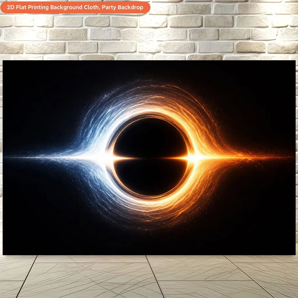 1 piece of 2D Flat backdrop, black‑hole themed banner featuring dark cosmic spectacle and energy release, polyester banner decoration, durable photography backdrop for indoor and outdoor events, birthdays and celebrations, no power supply required