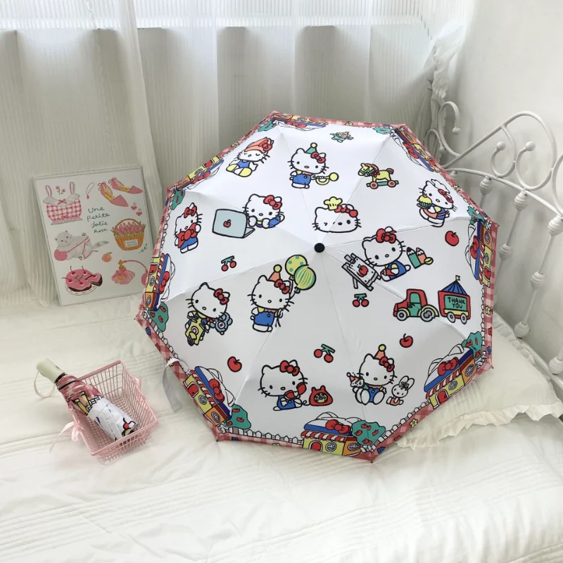 Sanrio cartoon anime Hello Kitty umbrella girl, cute weather and rain umbrella children's automatic UV protection parasol