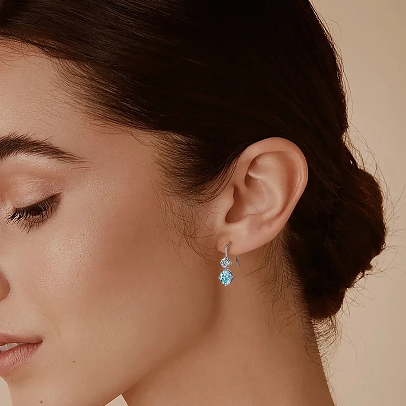 OXTAO 5mm&3mm Blue White Moissanite Dangle Hook Earrings for Women 925 Sterling Silver Drop Earrings Elegant Party Jewelry Gift