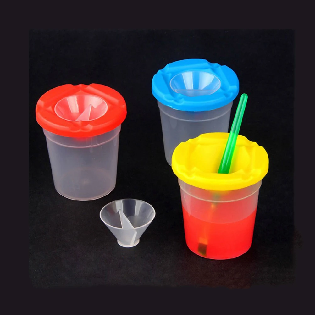 

8pcs Clear Painting Cups Colored Lids 6 Brushes Set Leak Resistant Brush Holder Kids Art Drawing Accessories Paint