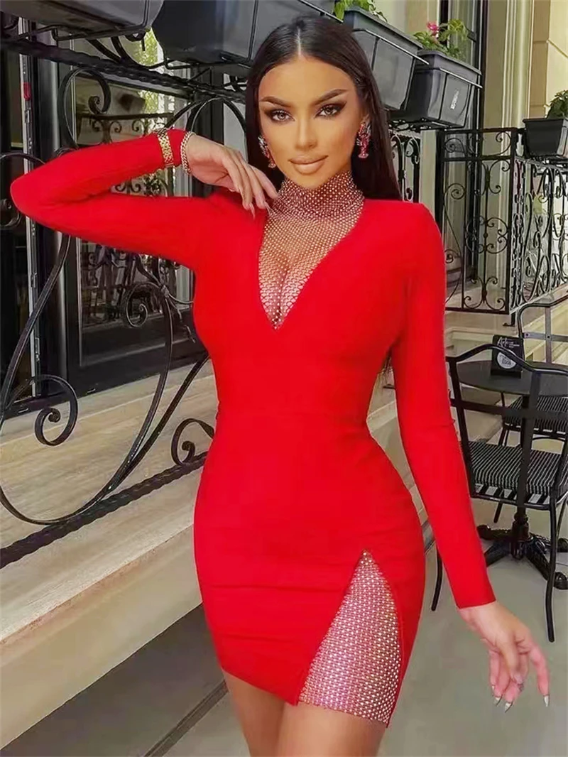 2022 New Autumn Hot Sexy Shining Diamonds Mesh See Through Red Bodycon Mini Evening Dress Woman Celebrate Party Vestido 3 Color