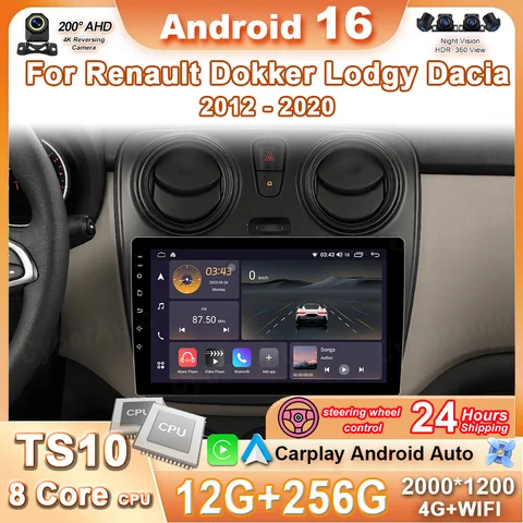 Autoradio Android 16 per Renault Dokker Lodgy Dacia 2012-2020, Lettore Multimediale Video Senza 2 DIN, Carplay, Touch Screen, 8 Core, Wi-Fi