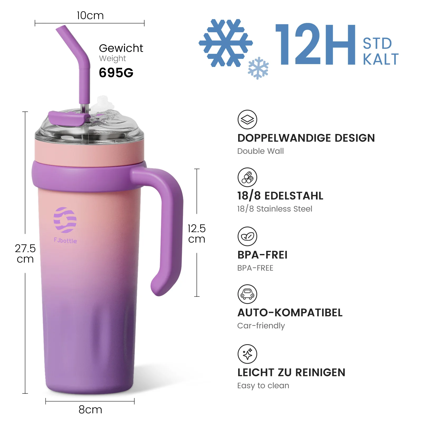 FEIJIAN 40oz Insulated Tumbler With Lid and Straws Stainless Steel Coffee Tumbler with Handle Vacuum Leak Proof Coffee Cup