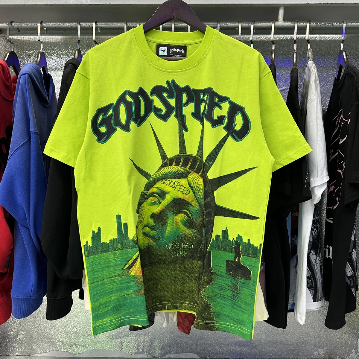

25SS Высококачественные зеленые футболки с принтом GOD SPEED для мужчин и женщин, уличная модная футболка Godspeed с короткими рукавами