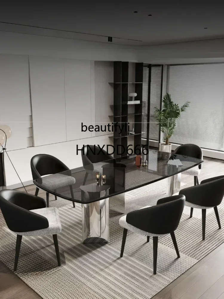 yj Italian Minimalist Imported Tempered Glass Dining Table High-End Luxury Slate Marble Light Luxury Long Table
